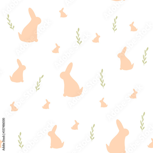 seamless pattern with pink rabbit silhouette and leaves on coral background,tender spring print for wallpaper,cover design,packaging,holiday decor, kids fashion,baby illustration, 2023 symbol. 