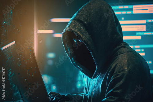 Hacker in hoodie operating computer with flashing 6G interface in hazy office setting with double exposure of stealing and communication. Generative AI