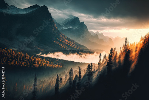 Beautiful picture of high, rocky mountains in the fog and clouds. Generative AI
