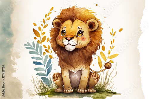 African comical safari animal mascot, funny friendly welcoming lion for kids and youngsters. a watercolor styled, isolated lion. Generative AI