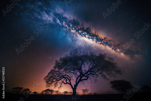 at the national park of Phu Hin Rong kla, the milky way and a tree silhouette Thailand's Phitsanulok long exposure image with grain. Generative AI