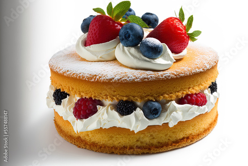 Photographie Victoria sponge cake on a white background with whipped cream and berries on top