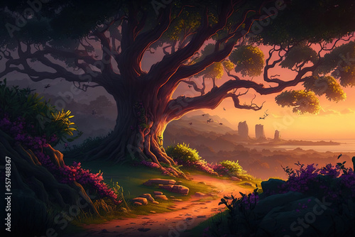 Evening view of the tree. Digital CG Artwork for Video Games, Concept, and Realistic Cartoon Style Background. Generative AI © 2rogan
