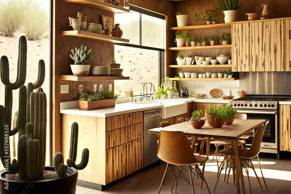 Eco friendly kitchen design with all wood furnishings. Open shelving ...