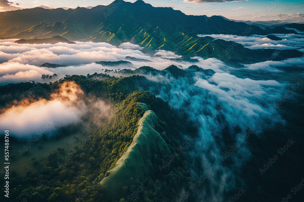 Beautiful aerial image of a forest with green mountains and a sea of fog. Thailand's Doi Montngo, Mae Taeng, and Chiang Mai. Generative AI