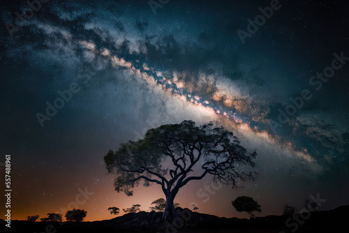 at the national park of Phu Hin Rong kla, the milky way and a tree silhouette Thailand's phitsanulok. Generative AI