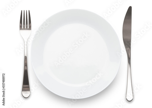 Cutlery set with plate. Table setting. White ceramic plate or dish with metallic stainless steel silver fork and knife. Concept for restaurants food menu, lunch, dinner. Kitchenware for Kitchen. 