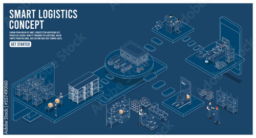 3D isometric Smart logistics concept with Warehouse Logistics and Management, Logistics solutions complete supply chain, transportation truck use wireless technoloty. Eps10 vector illustration