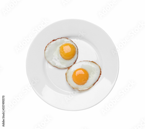 Plate with delicious fried eggs isolated on white, top view