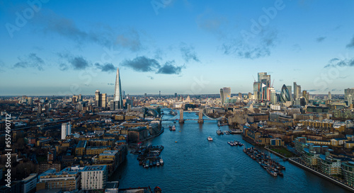 Typical aerial view over the city of London with Tower Bridge and River Thames - travel photography