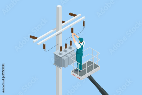Isometric maintenance of voltage transformer, repair of power lines, work at height in helmets on crane in cradle. Electric Energy Factory Distribution Chain.