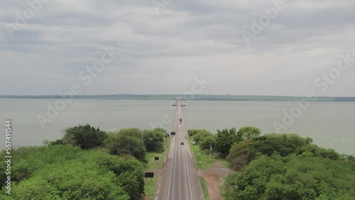 Aerial capture of the Tietê River. Intermodal waterway port. 4K, front view flying over the road. photo