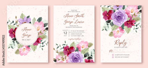 wedding invitation set with purple pink watercolor floral frame