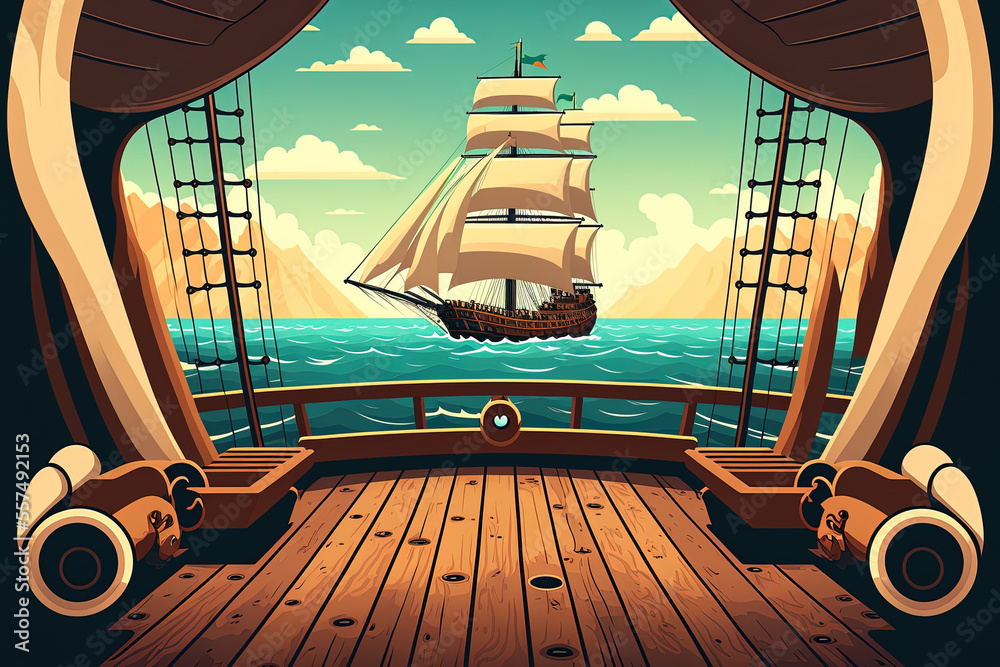 Fototapeta premium Deck of a wooden ship with a view of a pirate boat at sea. Generative AI