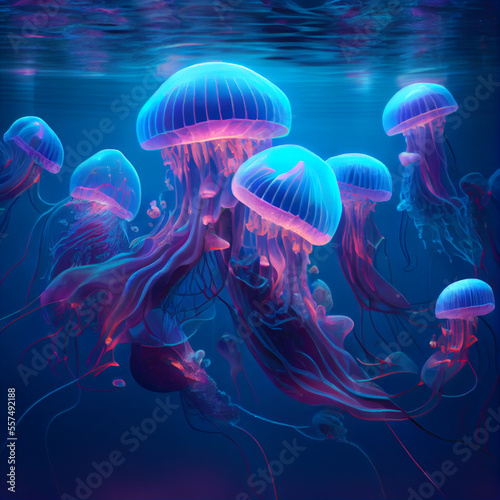 Flock of neon jellyfish in the underwater world © davstudio