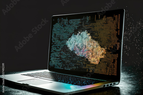 database and programming concept with a double exposure of an inventive abstract binary code hologram on a laptop. Generative AI