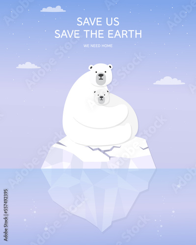 Polar bear on an ice floe. Mother and child. The glacier, Starry night in the North. Landscapes of the Arctic. Global warming, Climate change, sea level rise, nature damage. flat vector illustration