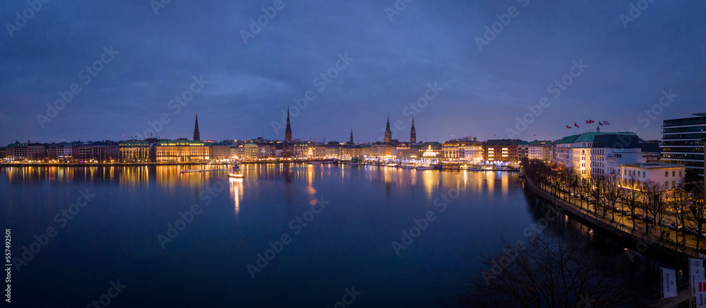 Panoramic view over the city center of Hamburg by night - travel photography
