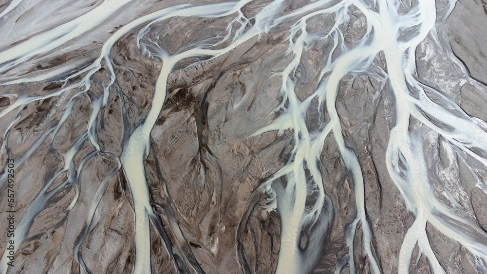 Glacial Rivers from Above. Aerial Photograph of the River Streams from Icelandic Glaciers. Beautiful Art of the Mother Nature Created in Iceland. Wallpaper Background 