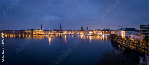 Panoramic view over the city center of Hamburg by night - travel photography