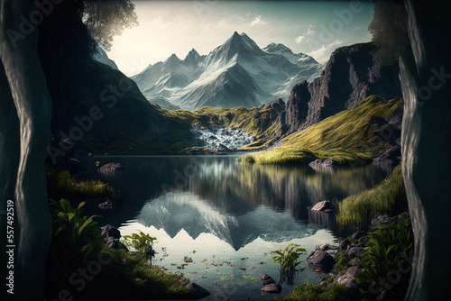 Beautiful image of a lake with little waterfalls framed by mountains and vegetation. Generative AI