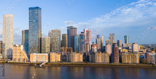 The skyscrapers of Canary Wharf in London on Isle of Dogs - panoramic view - travel photography