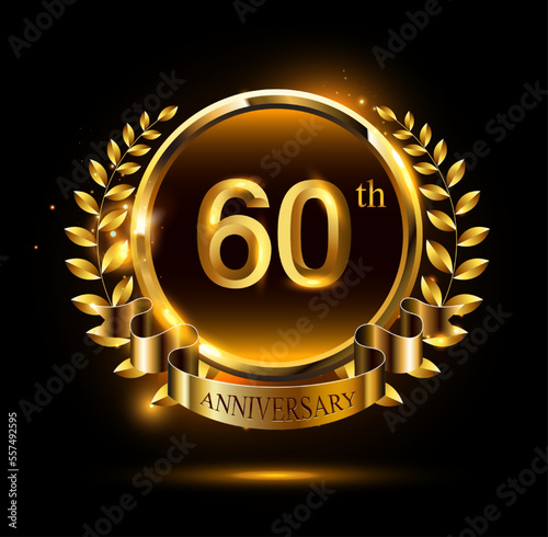 60th golden anniversary logo with ring & ribbon, luxury laurel wreath