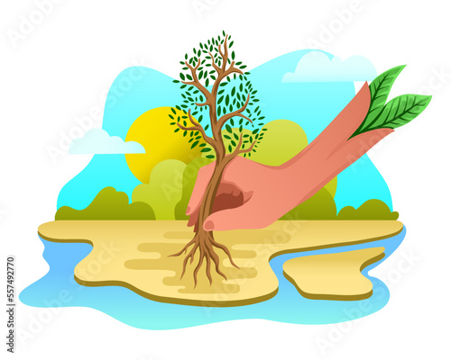 Illustration of hand plant a tree for future. One million trees movement