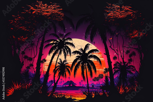 Sunset surreal woodland with palm trees stunning neon dream landscape. Generative AI