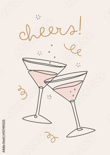 Hand Drawn Vector Illustration With "Cheers!” Lettering And Martini Glasses In Continuous Line Drawing Style. Simple Graphic Design Ideal For Carnival Party Poster, Invitation Or Greeting Card.
