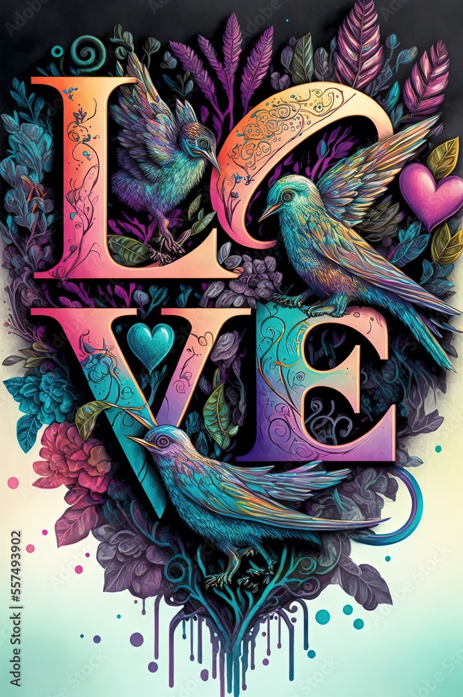 colorful valentine poster and valentine card with text LOVE, birds and flowers, generative AI + photoshop