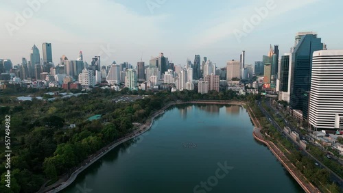 Aerial view office city building with Benchakitti public forest park in Bangkok Thailannd photo