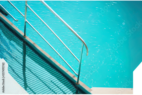 Swimming pool planking with stair  turquoise  clear water  open deck  metal stainless stair  and blue surface backdrop. Steps with railings go into the pool. Generative AI