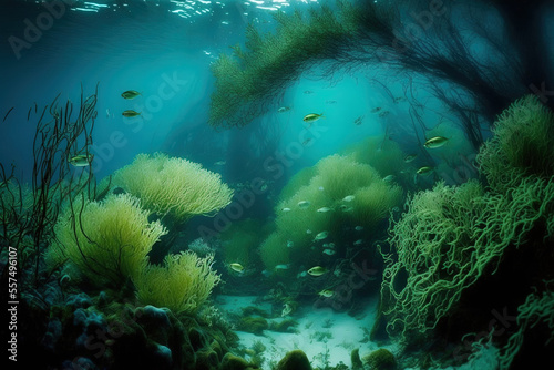 Algae, fresh water, a lake's underwater scenery, and green water are all examples of underwater freshwater landscapes. Generative AI