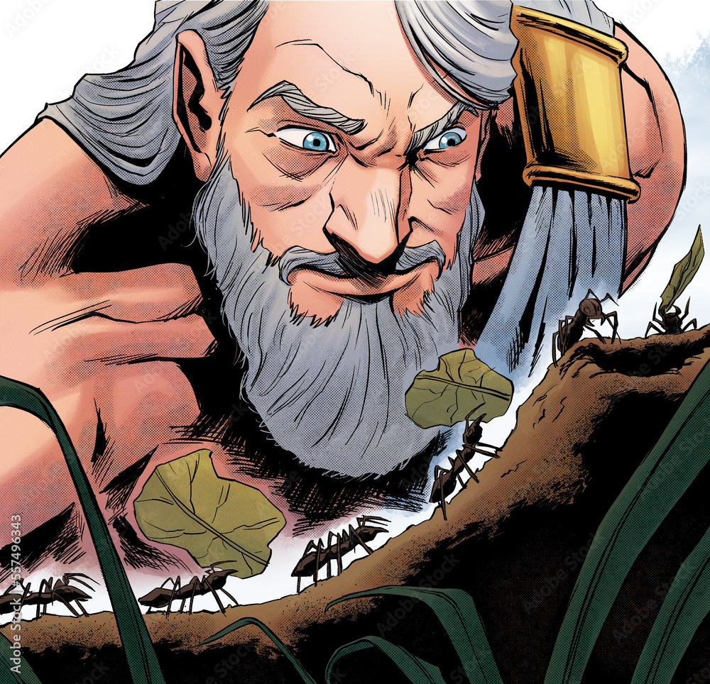 zeus, greek god from greek mythology watching the ants working, comic