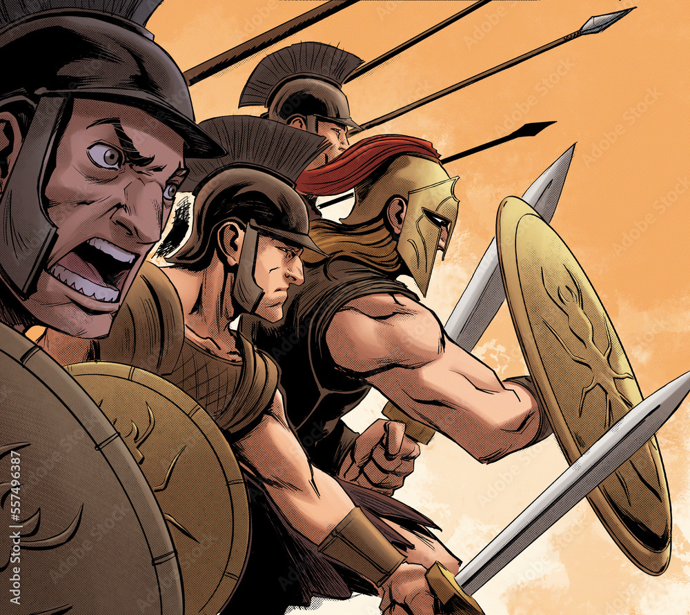 The hero Achilles and his Myrmidon warriors holding sword, shield and