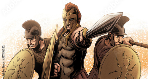 the hero achilles and his myrmidian warriors holding sword shield and spear, greek mythology, comic book style art