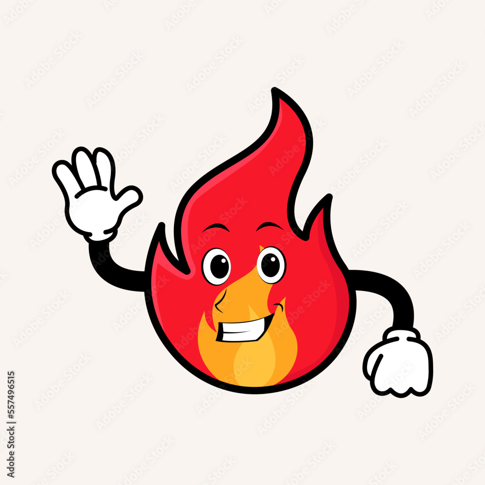 Smiling cute fire cartoon mascot character. Doodle vintage style fire illustration concept
