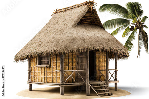 Photographie Tropical bungalow, outdoor tiki house, straw beach bar, hay thatch hut, tribal hut, and beach hut all separated on a white backdrop with clipping path