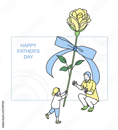 父の日　お父さんにバラをあげる男の子
