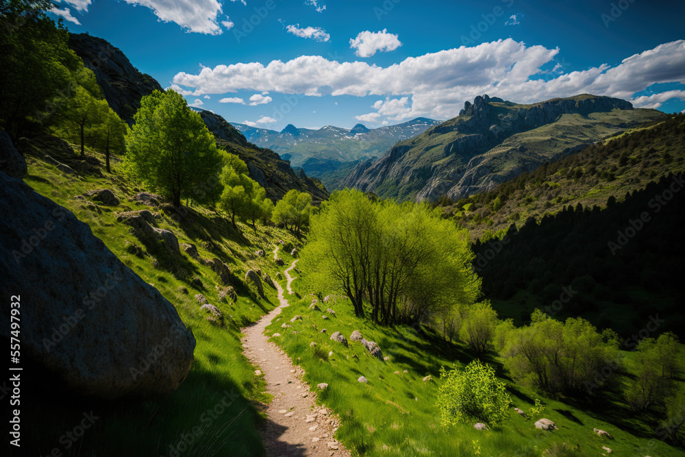 The ripera valley pyrenees' path around the vera and Salto de Tendenera waterfalls. Generative AI The ripera valley pyrenees' path around the vera and Salto de Tendenera waterfalls. Generative AI