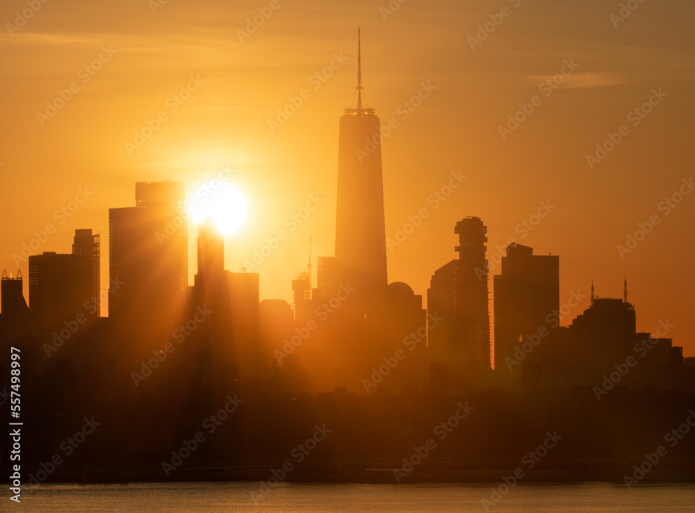 Sunbeams shining over the Manhattan skyline
