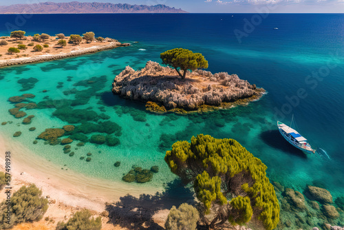 Aerial panorama of Moni Island's well known beach, near to the settlement of Perdika, on the Greek island of Aegina with the blue water. Generative AI photo