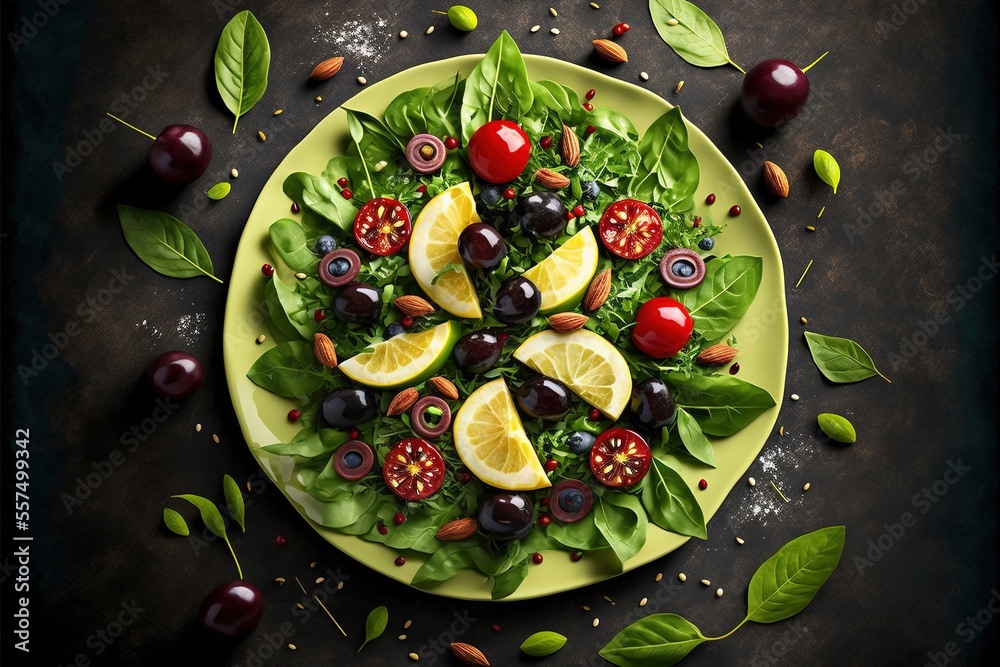 Fresh salad of avocado, cherry, arugula and olives made at home. Vegan food. The concept of healthy eating. Front view. Generative AI