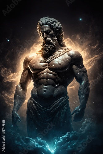 The primordial darkness embodying a greek god, erebus wearing ancient greek glothing, galaxy with solar system as background, cinematic, soft studio lighting, backlighting Generative AI