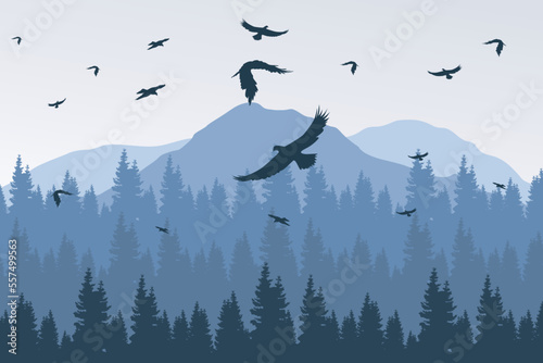 Vector illustration of a flock of eagles. Eagle flying over the pine forest. Illustration of a flock of sky predators
