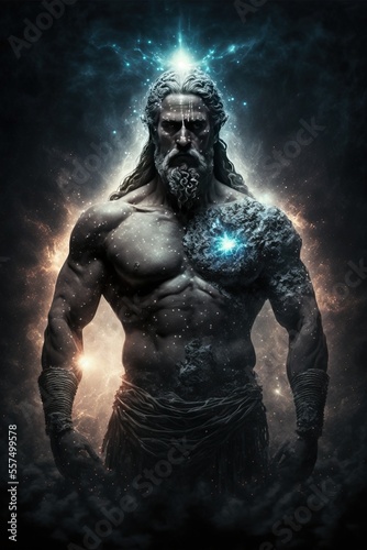 The primordial darkness embodying a greek god, erebus wearing ancient greek glothing, galaxy with solar system as background, cinematic, soft studio lighting, backlighting Generative AI