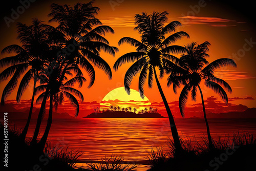 At sunset, a seaside coconut palm tree. Generative AI © 2rogan