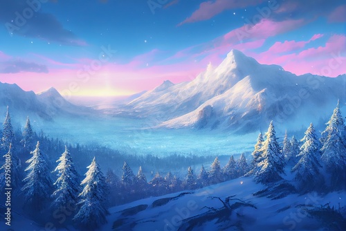 Winter Landscape - snow-covered idyllic winter scene. Natural forest and mountain scenery. Modern and contemporary digital oil painting with 3D shading made to look like photorealism by generative AI © Brian
