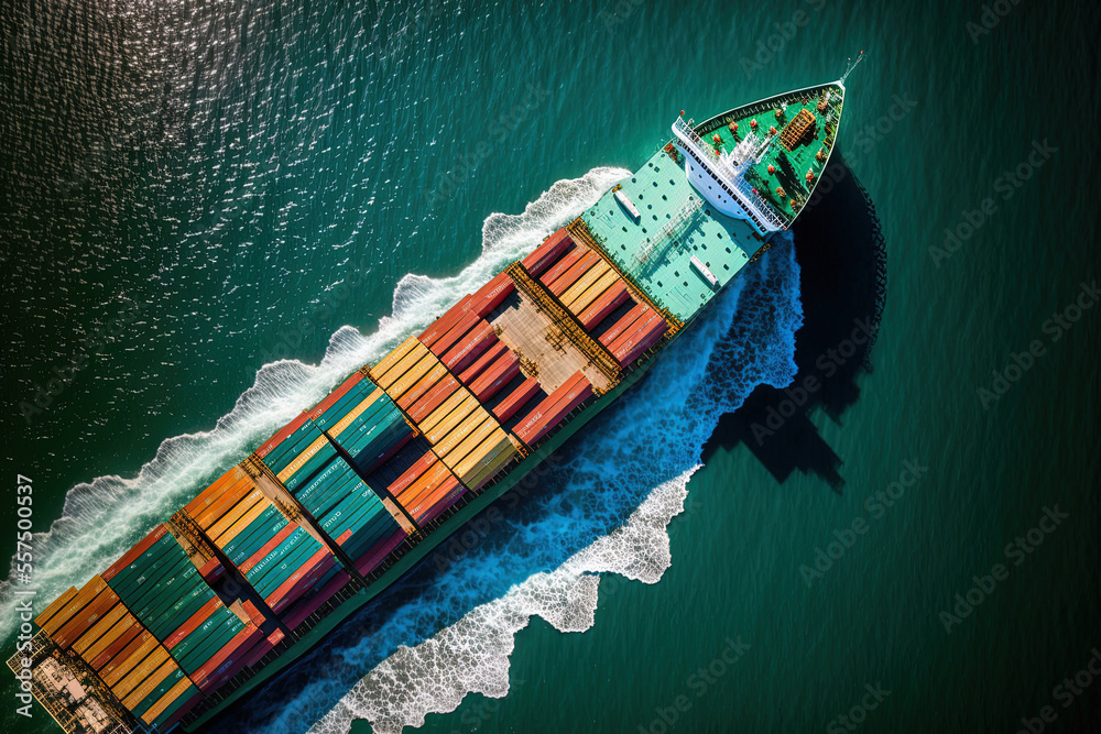 Aerial image of a container ship hauling a container box for international business cargo, freight shipping, commerce, logistics, and transportation on a container vessel. Generative AI